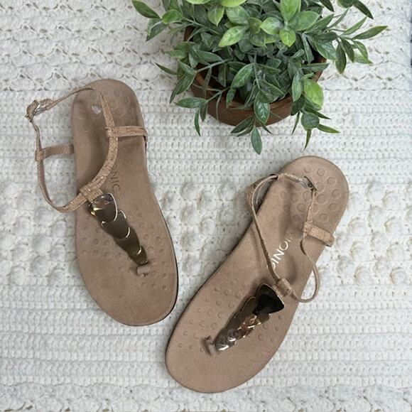 VIONIC Women's 9 Rest Miami Supportive Sandal Thong Ankle Strap Tan Gold Cork - Picture 2 of 12